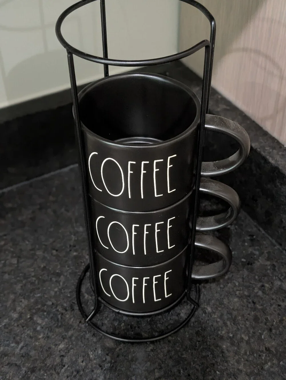 Rae Dunn Black Stackable Coffee Mug Tower with White 'COFFEE' Lettering
